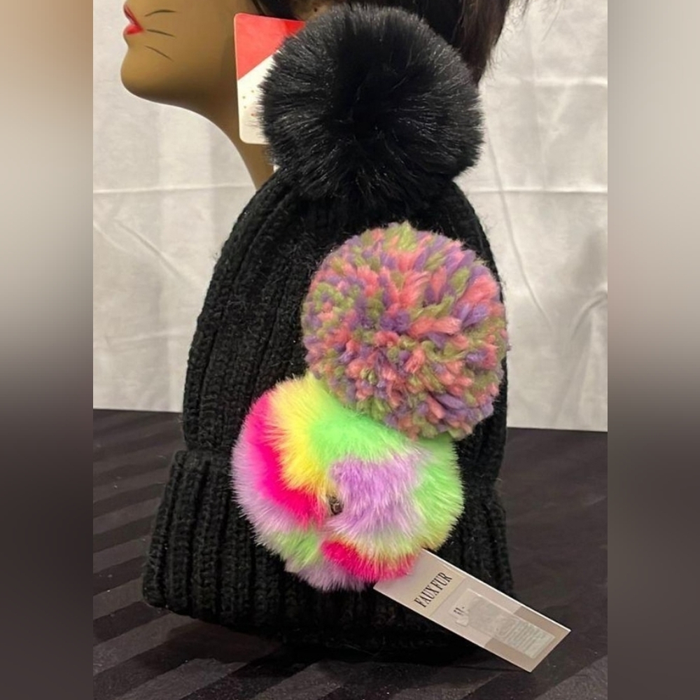 BP Nordstrom Beanie Interchangable Pom Poms Fold Front Faux Fur Knit Black